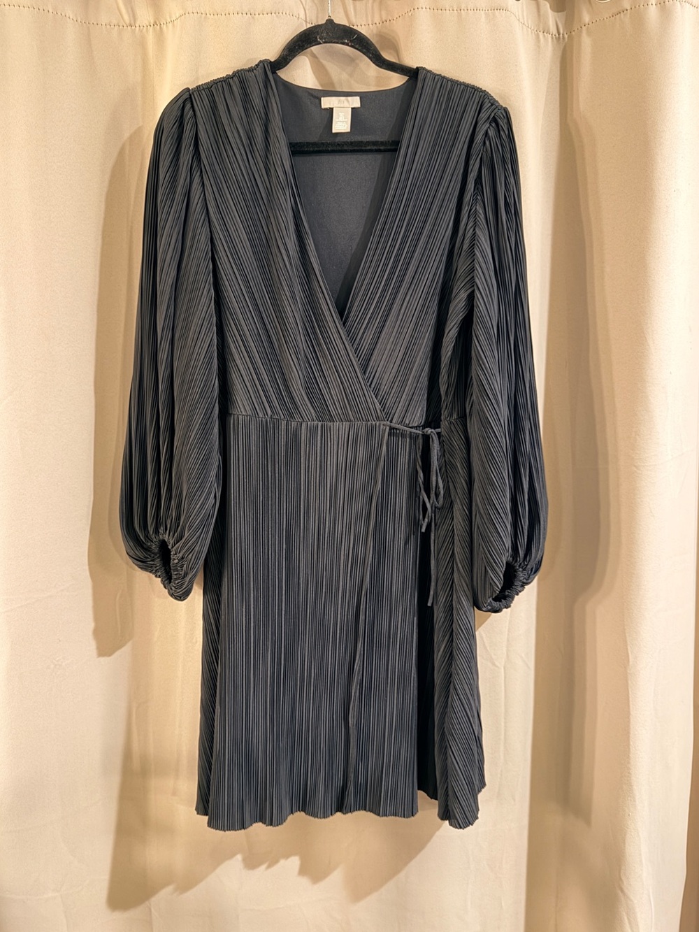H&M Pleated Black Wrap Dress with Balloon Sleeves